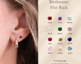Birthstone Stud Earrings - Flat Back Earring, Titanium Threadless Push Pin, Medical Grade, Press Fit Stud, Hypoallergenic Nap Earring FLB