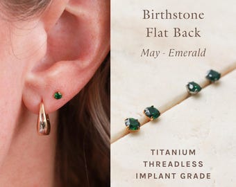 Emerald Birthstone Stud Earrings – F136 Titanium, Hypoallergenic, Push Pin Flat Back, Threadless Earring, May Birthday Gift, FLB