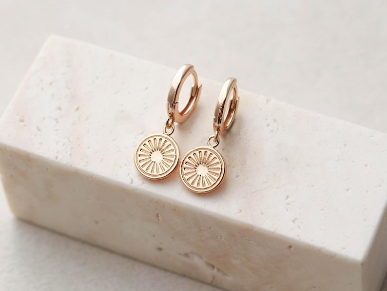 Sunburst Disc Huggies - Minimalist Earrings, Huggie Earrings, Bridesmaid Earrings, Trendy Earrings, 24/7, Hypoallergenic, Sun Earrings LUMA image 1