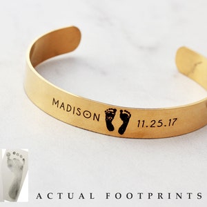 Actual Footprint Cuff Bracelet Engraved Footprint, Engraved Baby Feet, Custom Cuff Bracelet, Personalized Memorial Jewelry Medium HND image 1