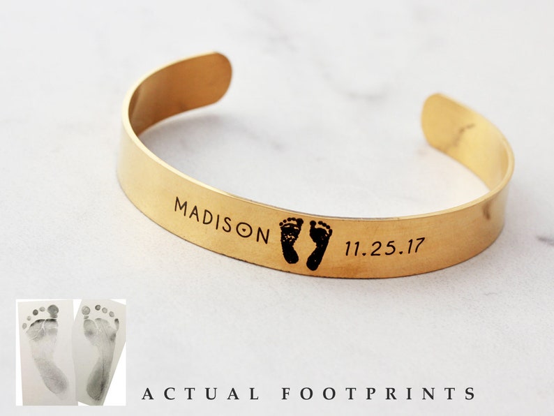 Actual Footprint Cuff Bracelet Engraved Footprint, Engraved Baby Feet, Custom Cuff Bracelet, Personalized Memorial Jewelry Medium HND image 1