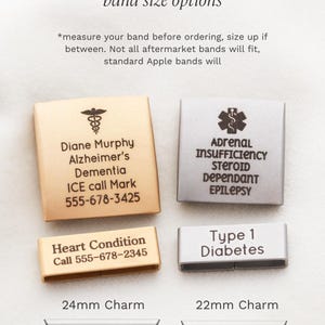 Medical ID Watch Charm - Apple Watch Medical Alert, Personalized Medical Bracelet Tag, Emergency ID Charm, Engraved Medical Info, Watch MXE2 image 2