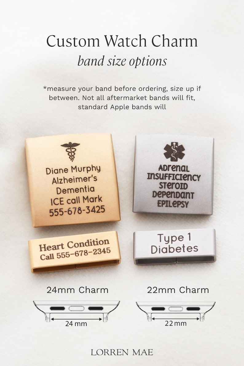 Medical ID Watch Charm - Apple Watch Medical Alert, Personalized Medical Bracelet Tag, Emergency ID Charm, Engraved Medical Info, Watch MXE2 image 2