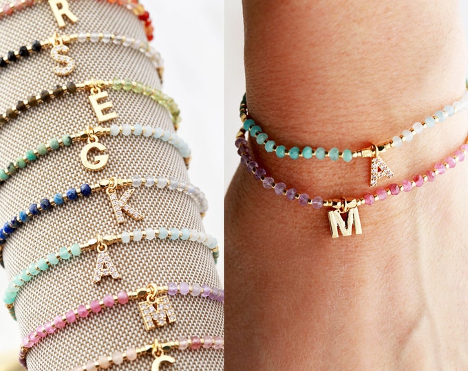 Initial Bracelet • Personalized Gift for Her • Initial Letter Charm Bracelet • Beaded Bracelet • Layering Bracelet • CZ Letter Monogram PAVI