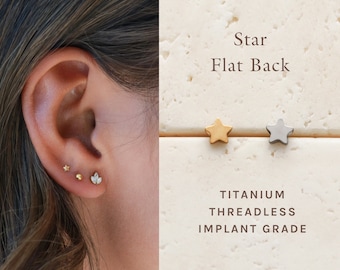 Star - Flat Back Titanium Stud, Threadless Push Pin Labret, Dainty Piercing, Hypoallergenic, Waterproof, Minimalist Earring, Flat Back ERG