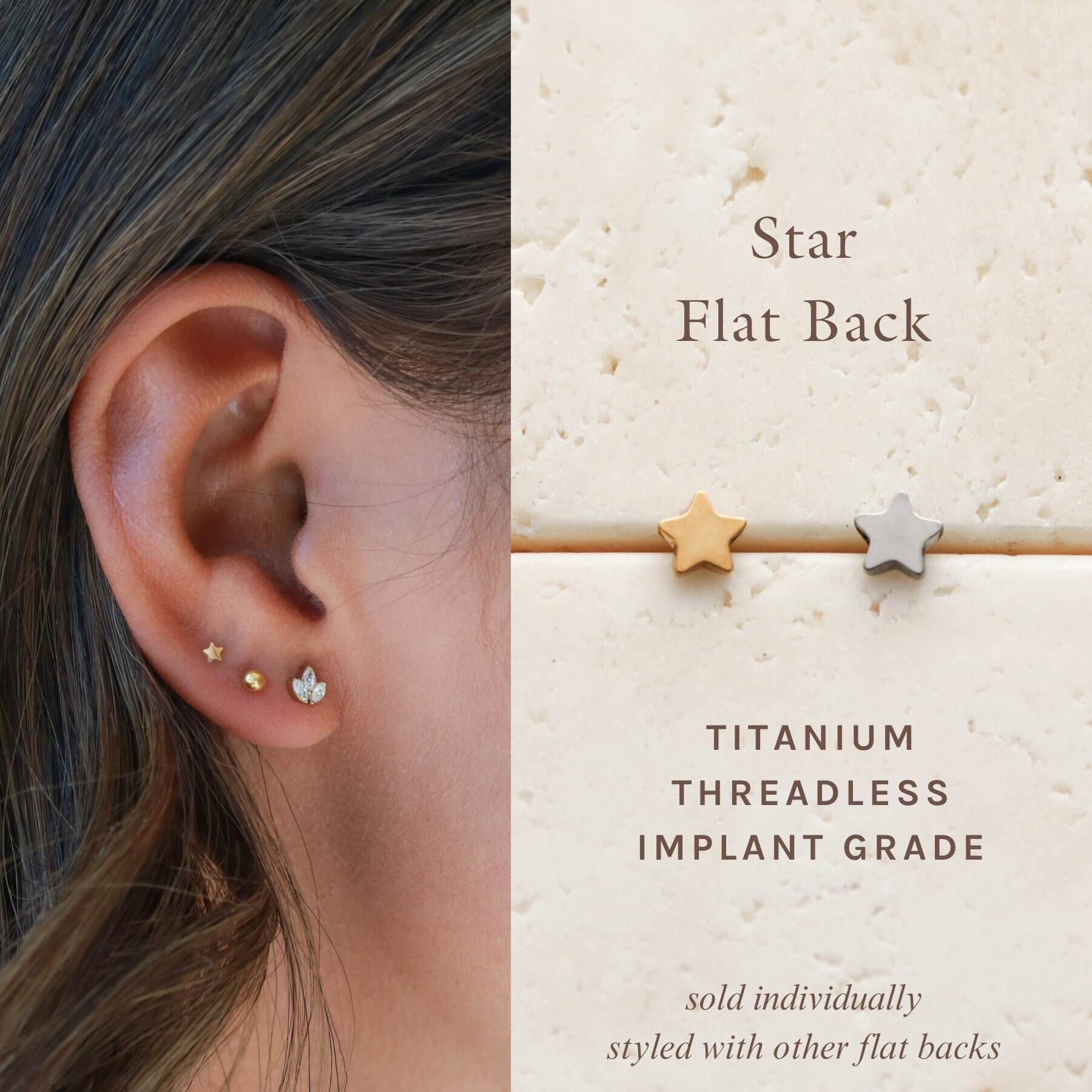 Pair of Implant Grade Titanium Threadless Gold PVD Small Dainty Star Earring Studs with Flat Back Pair of Implant Grade Titanium Threadless Gold PVD Small Dainty Star Earring Studs with Flat Back
