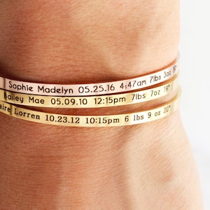 Birth Stats Bracelet • Baby Announcement • New Mom Gift • New Baby Gift • New Mother Gift • Stacking Layering • Baby Shower Gift, Skinny ECB