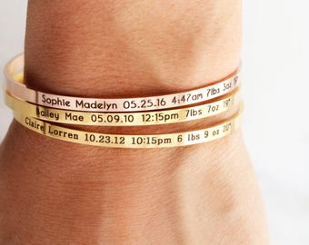 Birth Stats Bracelet • Baby Announcement • New Mom Gift • New Baby Gift • New Mother Gift • Stacking Layering • Baby Shower Gift, Skinny ECB