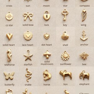 May include: A collection of gold-colored charms in various shapes, including a cross, sun, moon, star, compass, heart, key, wing, seahorse, butterfly, and more. The text "Charms page 1" is visible.