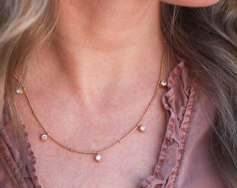 CZ Satellite Necklace - Dainty CZ Necklace, Gold Crystal Necklace, Satellite Necklace, Waterproof Jewelry, Bridal Necklace, Station ZELF