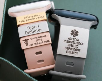 Charm de identificación médica para reloj - Alerta médica para Apple Watch, etiqueta personalizada para pulsera médica, charm de identificación de emergencia, información médica grabada, Watch MXE2