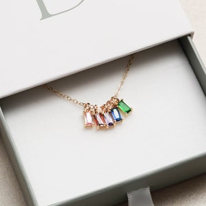 Birthstone Baguette Necklace • Family Necklace • Children&#39;s Birthstones • Mother&#39;s Day Gift • Gift for Mom • Personalized Jewelry Gift BSI