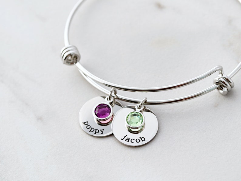 Birthstone Bracelet Birthstone Charm Bracelet Names Bracelet Birthstone Bangle Dangling Charms Personalized Gift curved 16 SLD image 2