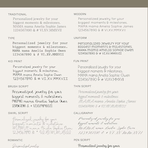 May include: A font options chart for Tom Design Shop featuring ten distinct typography styles labeled Traditional, Modern, Type, Uniform, Kid Print, Fun Print, Brush Script, Thin Script, Swirl Script, Calligraphy, Romantic, and Pen Script.