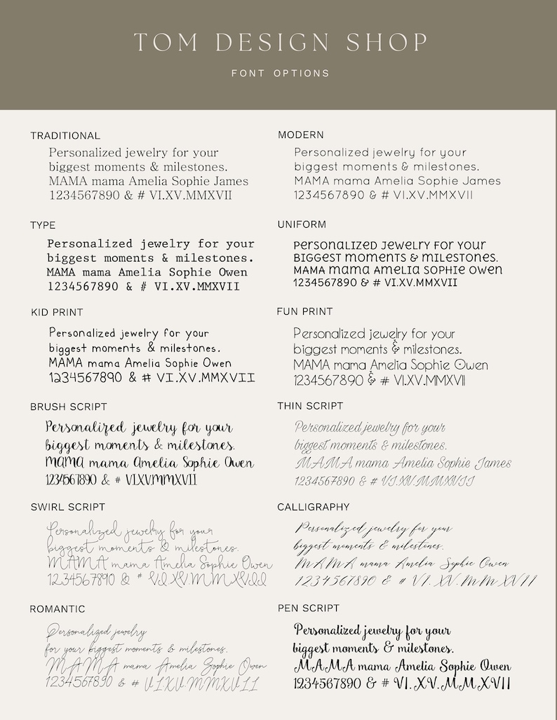 May include: A font options chart for Tom Design Shop featuring ten distinct typography styles labeled Traditional, Modern, Type, Uniform, Kid Print, Fun Print, Brush Script, Thin Script, Swirl Script, Calligraphy, Romantic, and Pen Script.