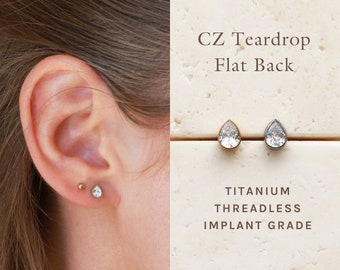 Teardrop CZ - Flat Back Titanium Stud, Threadless, Push Pin Labret, CZ Stud, Dainty Stud Piercing Hypoallergenic, Waterproof Minimalist  ERG