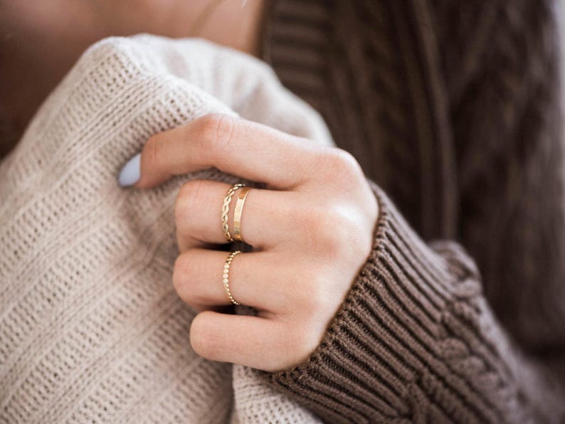 14k Gold Filled Rings - Certified Gold Stacking Rings, Dainty Ring, Birthstone Textured Bands, Promise Rings, Ring Stack, Gift for Her RNG imagem 6