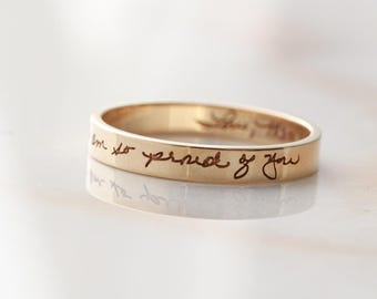 Solid Gold Handwriting Ring, Custom Engraved Ring, 14k Gold Personalized Band, Actual Handwriting Jewelry, Modern Heirloom Memorial Gift SGR