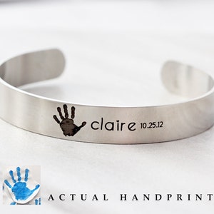 Actual Footprint Cuff Bracelet Engraved Footprint, Engraved Baby Feet, Custom Cuff Bracelet, Personalized Memorial Jewelry Medium HND image 5