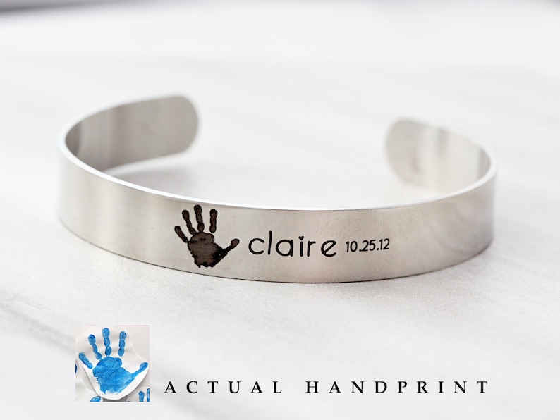 Actual Footprint Cuff Bracelet Engraved Footprint, Engraved Baby Feet, Custom Cuff Bracelet, Personalized Memorial Jewelry Medium HND image 5