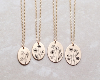Birth Flowers Necklace for Mom, Custom Birth Month Bouquet of Engraved Floral Designs Personalized Pendant Necklace Gift for Mom Oval BFL *
