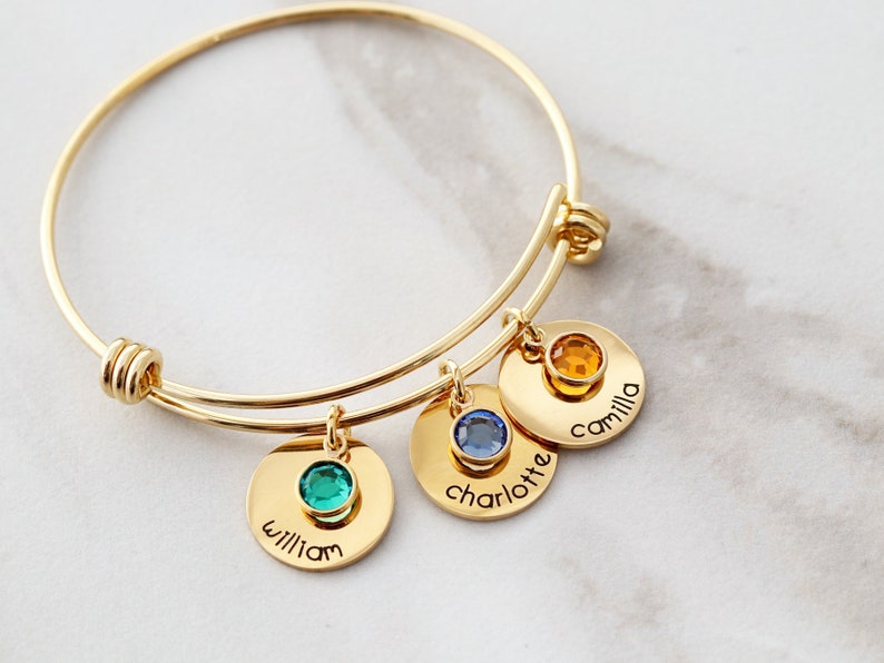 Birthstone Bracelet • Birthstone Charm Bracelet • Names Bracelet • Birthstone Bangle • Dangling Charms • Personalized Gift • curved 16 SLD 