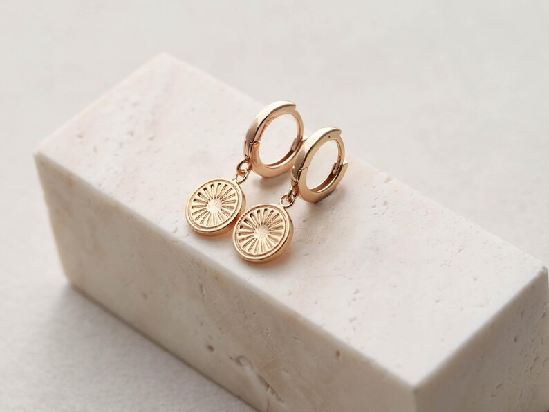 Sunburst Disc Huggies - Minimalist Earrings, Huggie Earrings, Bridesmaid Earrings, Trendy Earrings, 24/7, Hypoallergenic, Sun Earrings LUMA image 11
