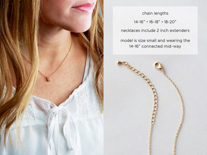 May include: A gold chain necklace with a small letter pendant. The necklace is shown on a model wearing a white shirt. The chain lengths are 14-16 inches, 16-18 inches, and 18-20 inches. Necklaces include a 2 inch extender. The model is wearing the 14-16 inch chain connected mid-way.