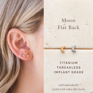 Tiny Moon Flat Back Stud Titanium Earrings, Threadless Push Pin, Flat Back Stud, Hypoallergenic, Medical Grade, Piercing Nap Earrings FEXI image 1