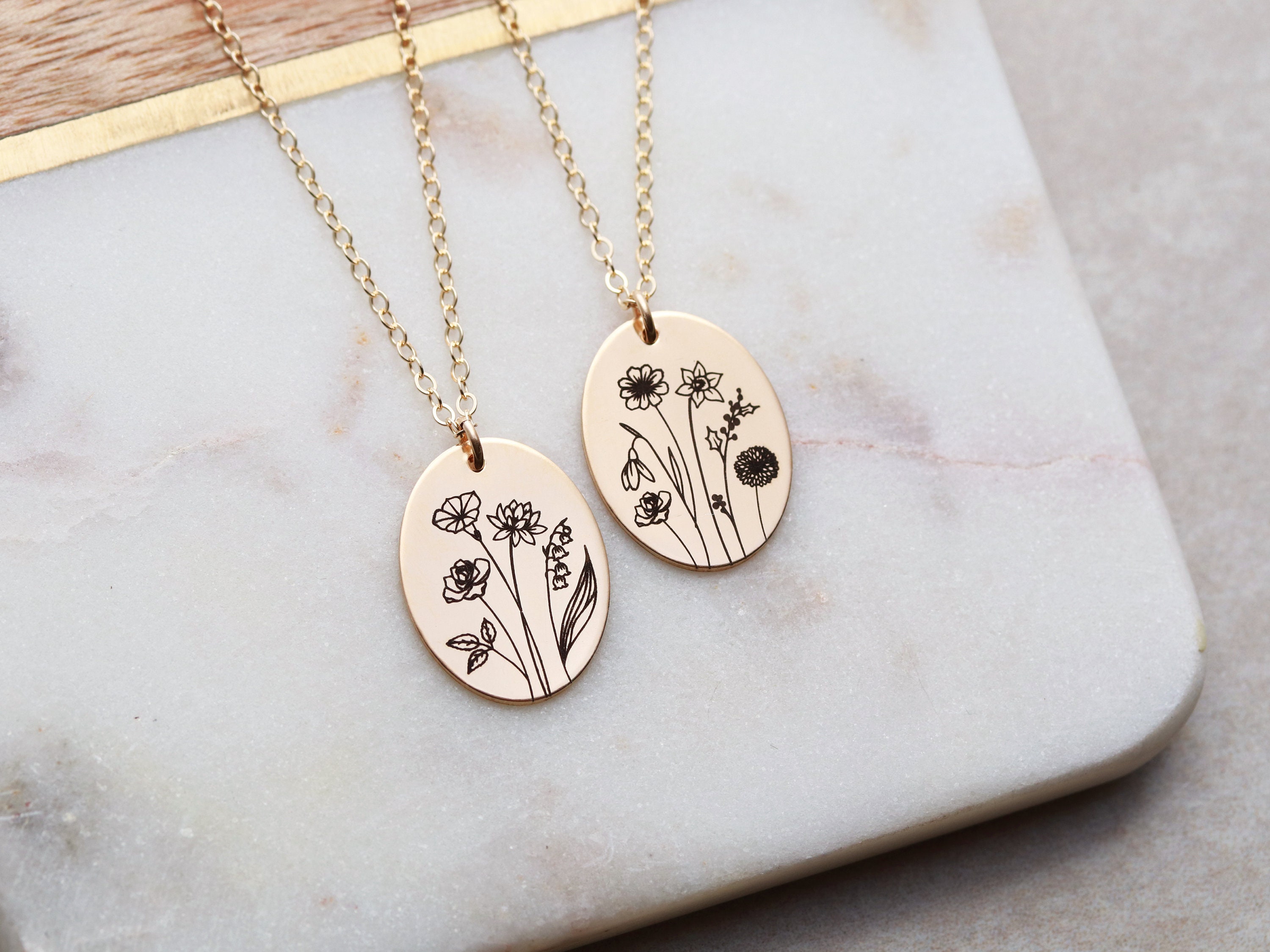 Multi Birth Flower Necklace • Flower Necklace • Floral Pendant Necklace • Mother&#39;s Day Gift • Gift for Mom • Flower Birth Month Oval BFL