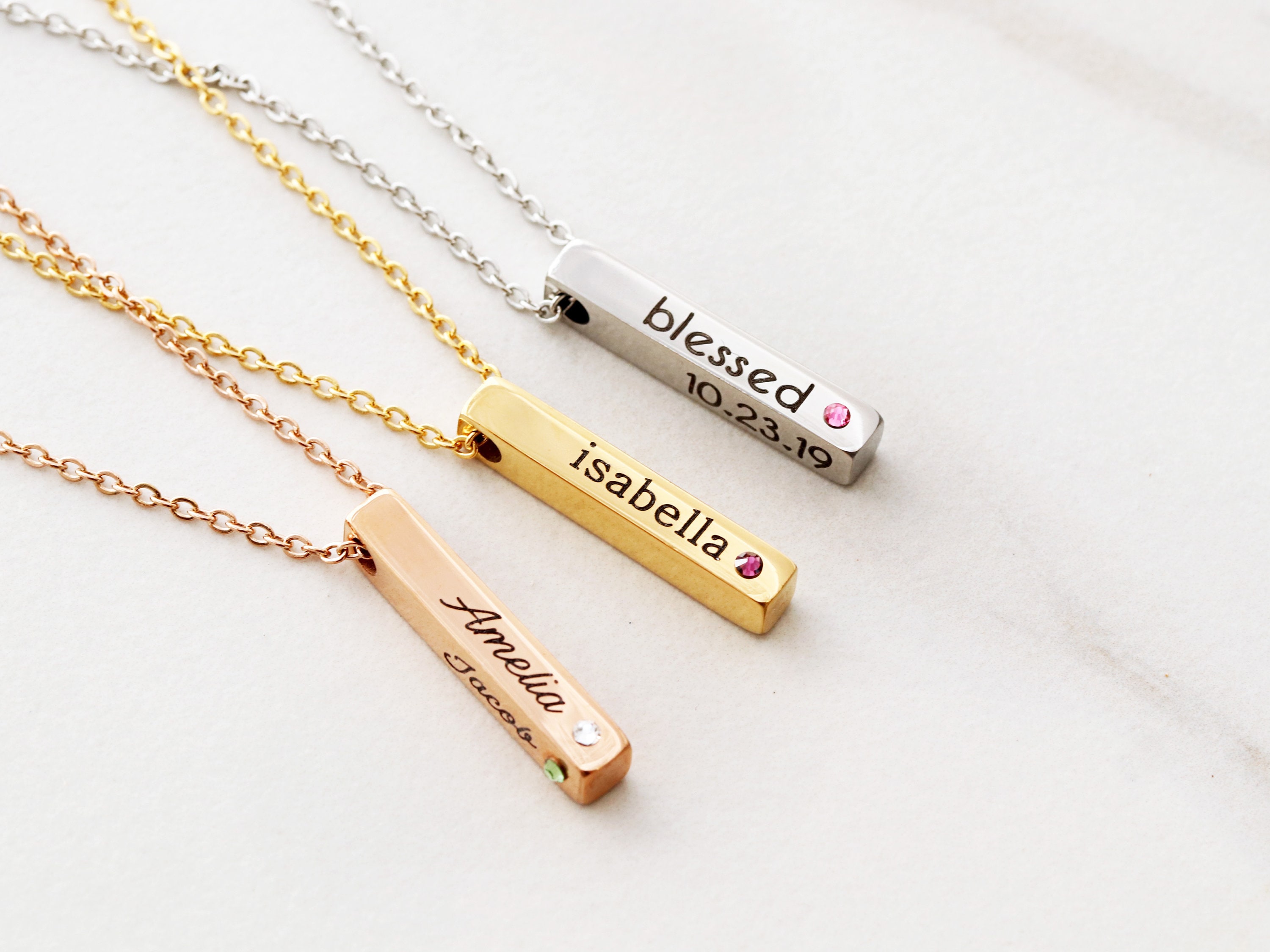 Dainty Birthstone Bar Necklace / Mother 