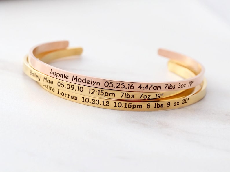Birth Stats Bracelet • Baby Announcement • New Mom Gift • New Baby Gift • New Mother Gift • Stacking Layering • Baby Shower Gift, Skinny ECB image 5