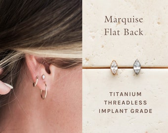 CZ Marquise Flat Back Stud - Threadless Earrings, Push Pin Nap Earring, CZ Stud, Minimalist Stud, Hypoallergenic, Medical Grade Stud FLB