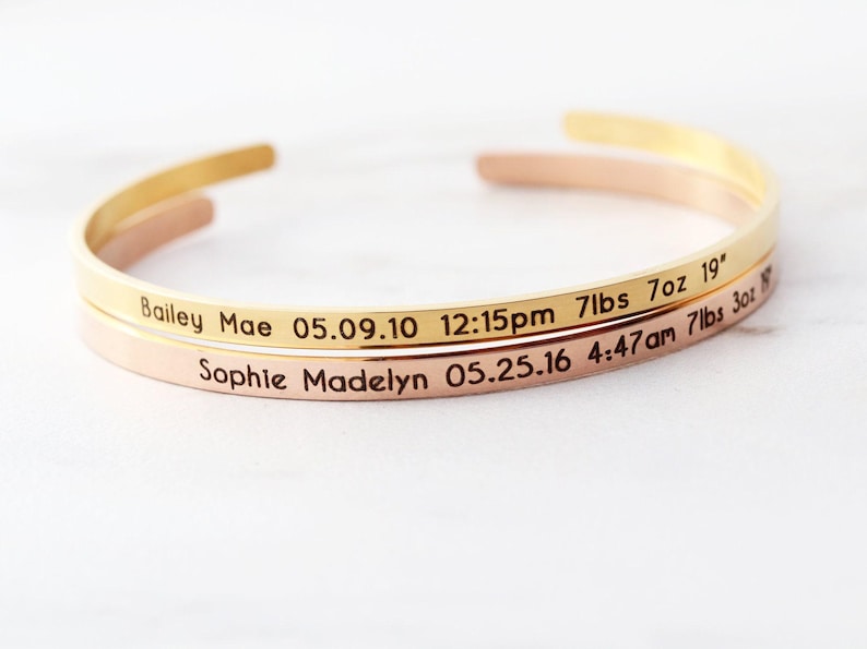 Birth Stats Bracelet • Baby Announcement • New Mom Gift • New Baby Gift • New Mother Gift • Stacking Layering • Baby Shower Gift, Skinny ECB image 2
