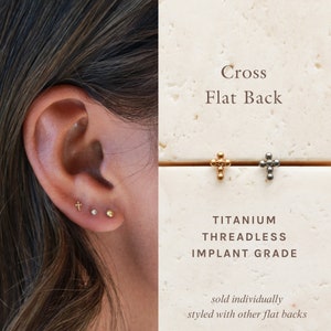 Tiny Cross Flat Back Stud - Titanium Earrings, Threadless Push Pin, Dainty Cross, Minimalist, Hypoallergenic, Medical Grade, Cross Stud FLB