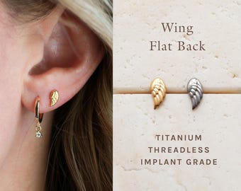 Wing Flat Back Studs  Titanium Threadless Earring, Flat Back Earrings, Medical Grade, Hypoallergenic Studs, Waterproof Nap Earrings FEXI