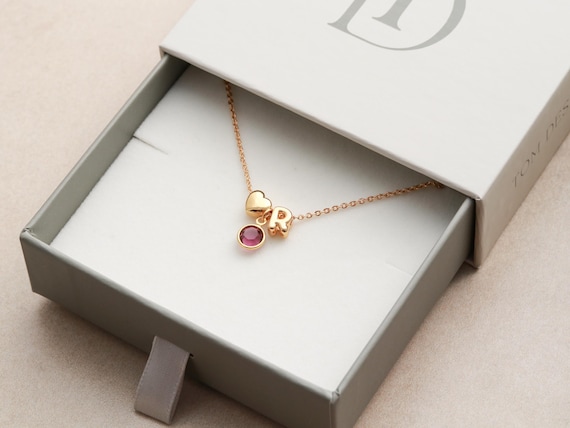 Birthstone Necklace • Tiny Letter Necklace • Initial Birthstone