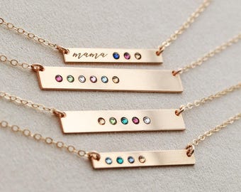 Personalized Birthstone Bar Necklace for Mom – Custom Family Jewelry Gift,Name Engraved Keepsake Custom Bar Jewelry, Kids Birthstones TBR1 *