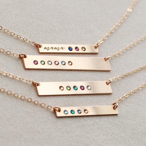 Personalized Birthstone Bar Necklace for Mom – Custom Family Jewelry Gift,Name Engraved Keepsake Custom Bar Jewelry, Kids Birthstones TBR1 *