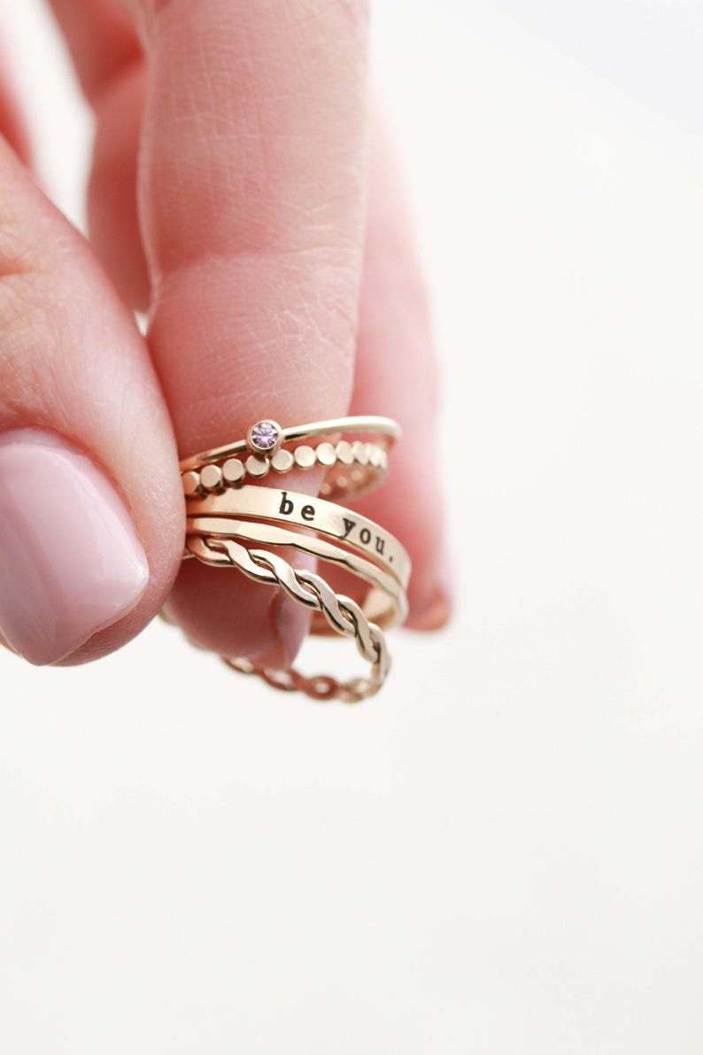 14k Gold Filled Rings - Certified Gold Stacking Rings, Dainty Ring, Birthstone Textured Bands, Promise Rings, Ring Stack, Gift for Her RNG imagem 3