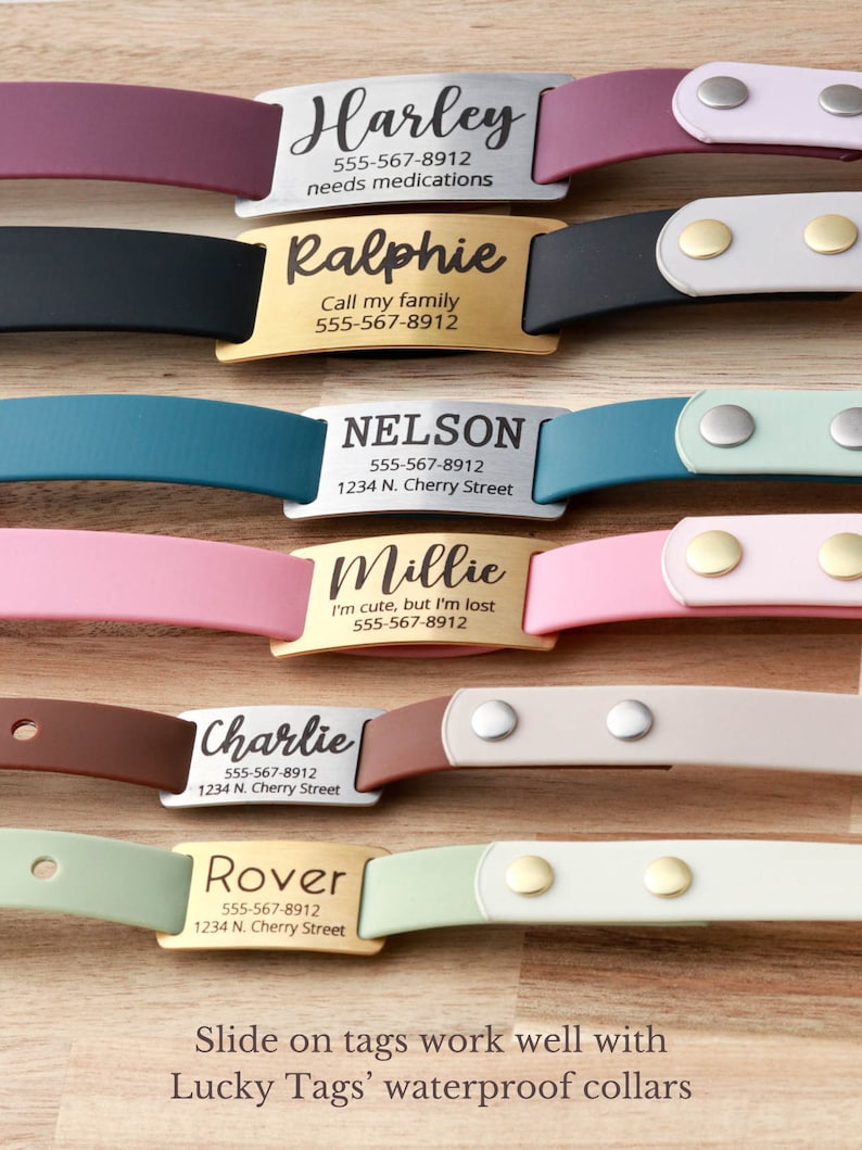 Puede incluir: Seis collares para perros diferentes con etiquetas met&aacute;licas personalizadas. Los collares son de varios colores, incluyendo rosa, negro, azul verdoso, rosa claro, marr&oacute;n y verde claro. Las etiquetas est&aacute;n grabadas con el nombre del perro, su n&uacute;mero de tel&eacute;fono y su direcci&oacute;n. El texto en las etiquetas dice: "Harley, Ralphie, Nelson, Millie, Charlie y Rover". Los collares son impermeables y est&aacute;n dise&ntilde;ados para usarse con etiquetas deslizantes. El texto en la parte inferior de la imagen dice: "Las etiquetas deslizantes funcionan bien con los collares impermeables de Lucky Tags."