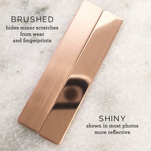 May include: Two metal strips, one brushed and one shiny, showing the difference in finish. The brushed strip hides minor scratches and fingerprints, while the shiny strip is more reflective.  "BRUSHED" and "SHINY" are written in black text on the image.