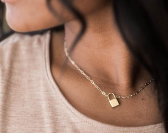 Square Padlock Necklace - Gold Lock Necklace, Minimalist Lock Necklace, Waterproof Tarnish-Free, Dainty Padlock Necklace 14k Gold Filled CHR