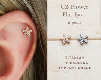 Crystal Flower Flat Back Stud - Threadless Titanium Earrings, Flat Back Hypoallergenic Earrings, Helix Piercing, Press Fit Stud, 24/7 FLB