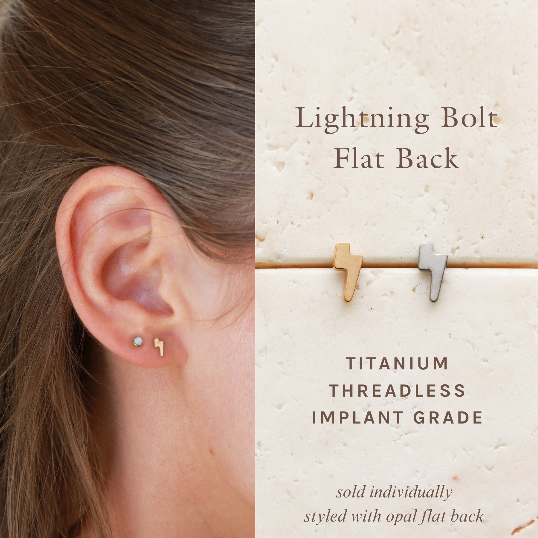 Pair of Implant Grade Titanium Threadless Gold PVD Lightning Bolt Earring Studs with Flat Back Pair of Implant Grade Titanium Threadless Gold PVD Lightning Bolt Earring Studs with Flat Back