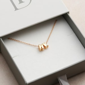 May include: A gold-colored necklace with the letters "HX" is displayed inside a gray gift box. The necklace has a delicate chain and the letters are in a rounded font. The box is open, revealing the necklace against a white interior.