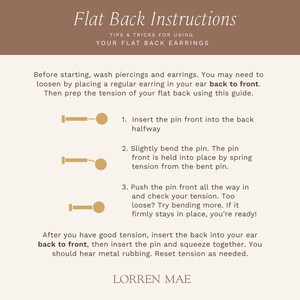 a series of instructions for using flat back earrings, with step-by-step guidance on how to properly insert and secure the back into the ear.