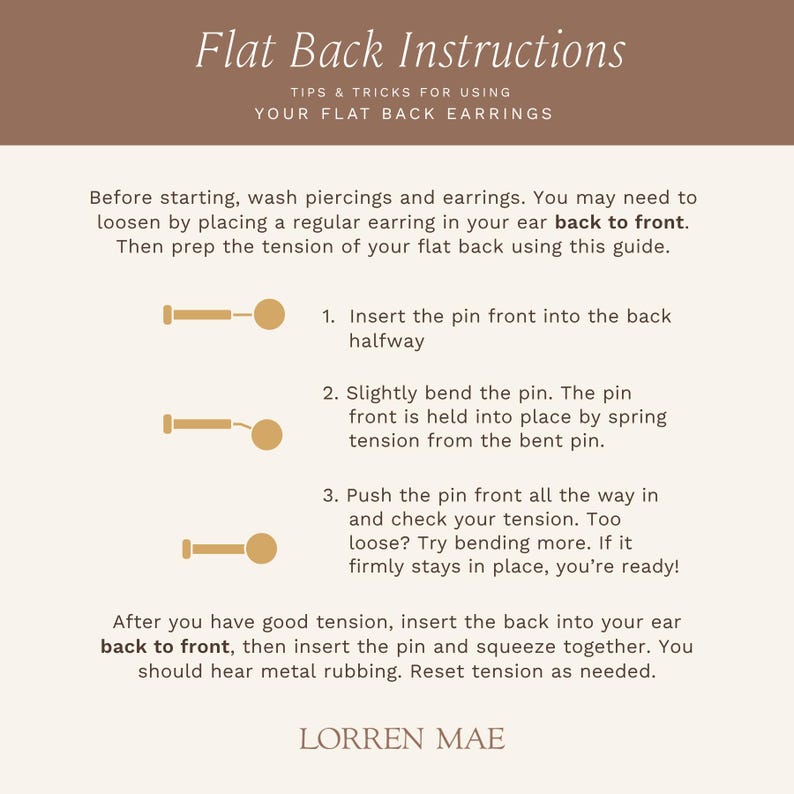 a series of instructions for using flat back earrings, with step-by-step guidance on how to properly insert and secure the back into the ear.