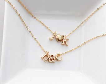 Initials Necklace Ampersand or Heart Letter Necklace, Personalized Gift, Bridal Gift Initial Necklace Dainty Layering LOWERCASE LOWI