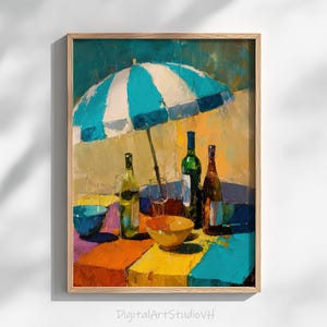 Puede incluir: Pintura al óleo de una escena de picnic con una sombrilla a rayas azules y blancas, botellas de vino, copas y cuencos sobre una mesa colorida. La obra de arte tiene un estilo texturizado e impresionista, con el texto "DigitalArtStudioVH" en la parte inferior.